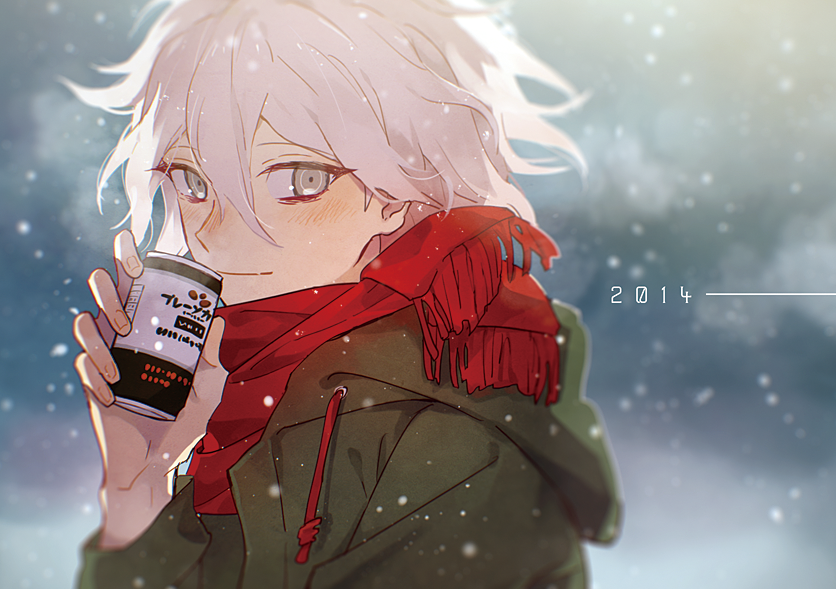bangs black_coat blush breath can closed_mouth commentary_request danganronpa day drawstring grey_eyes hair_between_eyes holding holding_can io_(sinking=carousel) komaeda_nagito light_smile long_sleeves looking_at_viewer male_focus nose_blush partial_commentary red_scarf scarf snowing solo sunlight super_danganronpa_2 upper_body white_hair