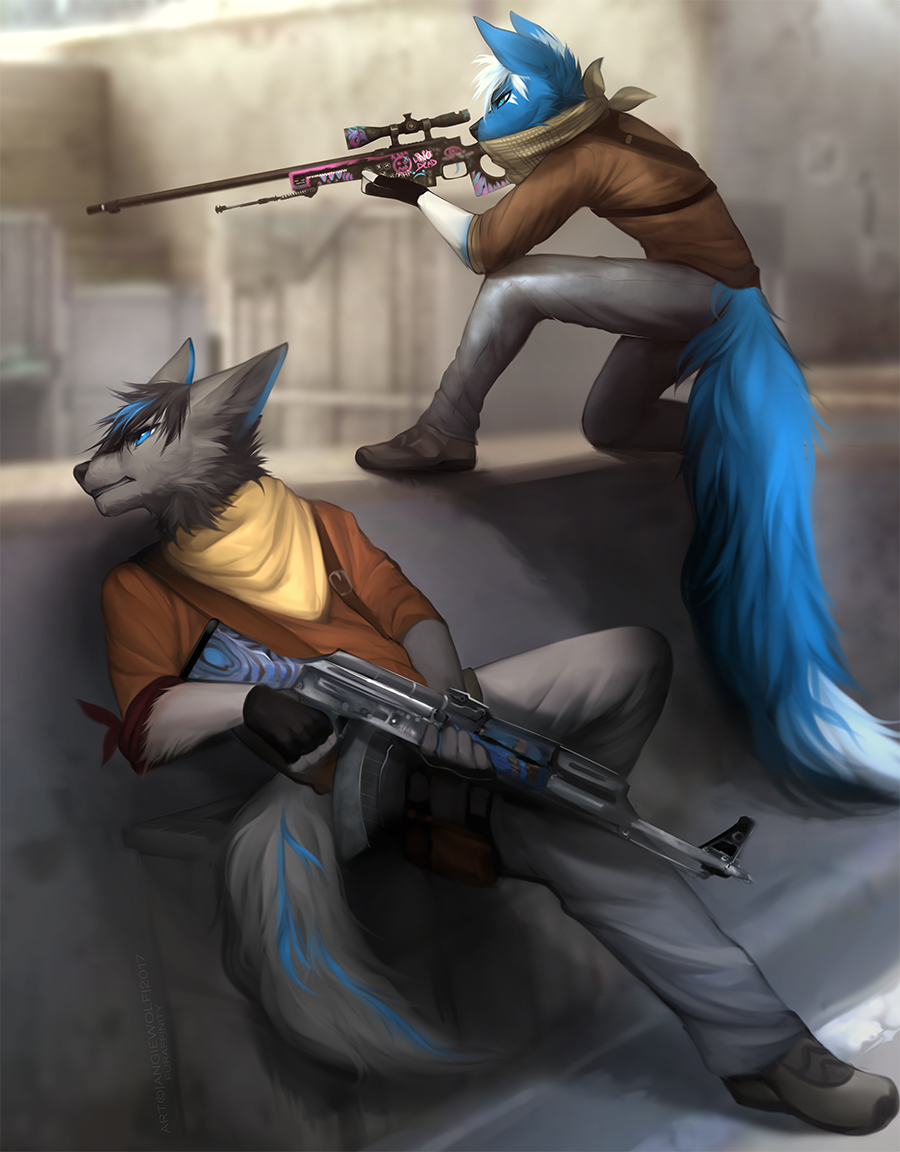 2017 ak-47 angiewolf anthro assault_rifle awp blue_eyes blue_fur canine clothed clothing counter_strike digital_media_(artwork) duo fur grey_fur gun hair holding_object holding_weapon male mammal ranged_weapon rifle sniper_rifle weapon white_hair