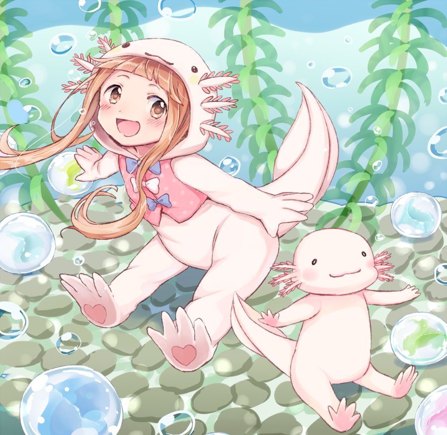 :3 :d air_bubble animal animal_costume axolotl axolotl_costume bangs blunt_bangs bow brown_eyes brown_hair bubble commentary_request gum_(vivid_garden) hood ichihara_nina idolmaster idolmaster_cinderella_girls long_hair looking_at_viewer open_mouth outstretched_arms seaweed smile spread_arms underwear