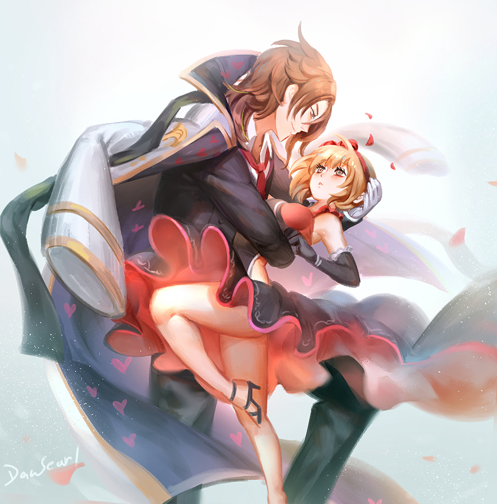 1girl arm_around_waist artist_name black_gloves black_pants blonde_hair blush breasts brown_eyes brown_hair closed_mouth collared_shirt dancer_(granblue_fantasy) dansearl djeeta_(granblue_fantasy) dress elbow_gloves formal frilled_gloves frills gloves granblue_fantasy hair_ribbon hand_on_another's_head heart jacket_on_shoulders leg_up long_sleeves looking_at_another medium_breasts necktie pants parted_lips petals profile red_neckwear red_ribbon ribbon shirt short_hair siegfried_(granblue_fantasy) smile suit the_dragon_knights white_gloves white_shirt wing_collar