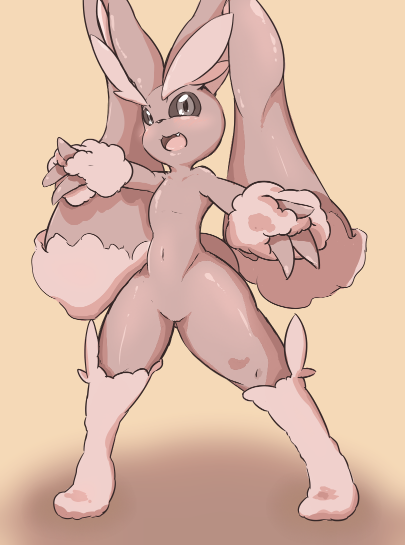 1girl :3 animal_ears artist_request beige_background black_sclera blush bunny_ears bunny_tail fang female full_body furry grey_eyes legs_apart looking_at_viewer lopunny navel no_humans open_mouth outstretched_arms pokemon pokemon_(creature) pokemon_dppt shiny_skin simple_background smile solo standing tail teeth