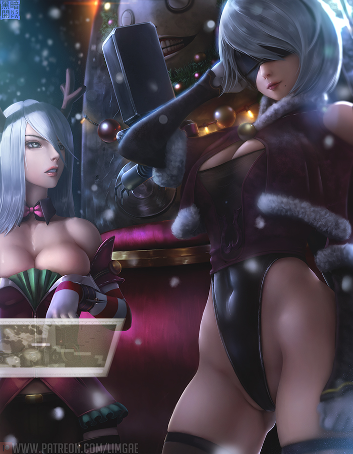 antlers black_blindfold blindfold breasts christmas cleavage clenched_teeth covered_navel elbow_gloves emil_(nier) facing_viewer gloves groin large_breasts leotard limgae long_hair mole mole_under_mouth multiple_girls nier_(series) nier_automata pod_(nier_automata) reindeer_antlers short_hair silver_hair snow striped striped_gloves teeth yorha_no._2_type_b yorha_type_a_no._2