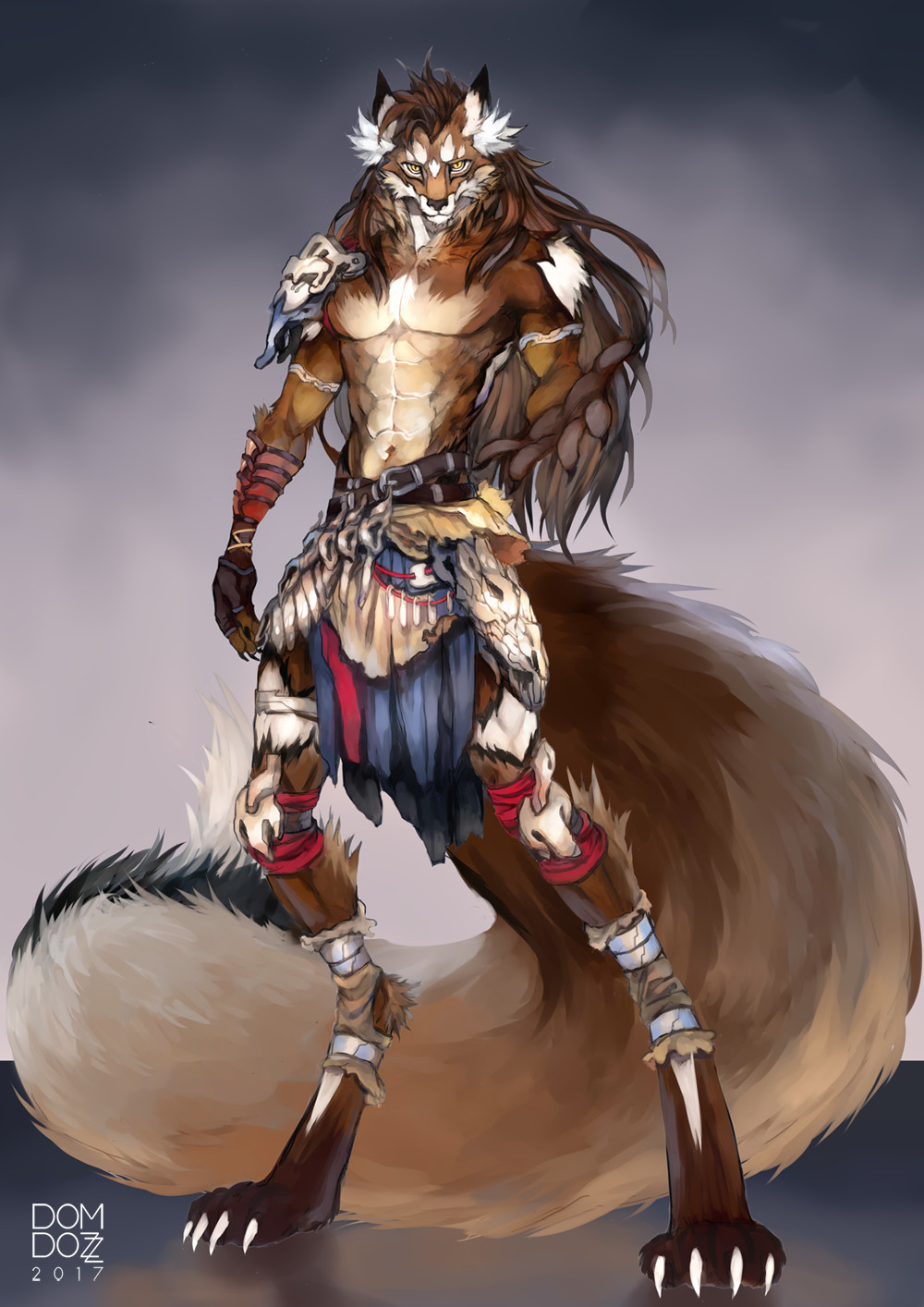 2017 5_fingers abs anthro barefoot black_nose brown_fur brown_hair canine clothed clothing digital_media_(artwork) digitigrade domdozz fox fur hair looking_at_viewer male mammal navel solo standing topless yellow_eyes