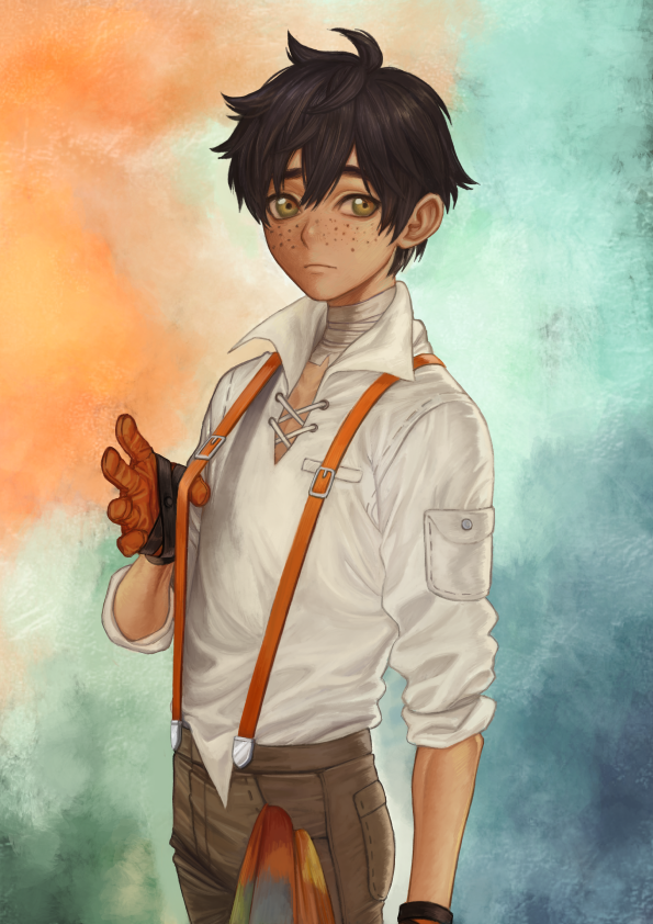 bandages brown_hair closed_mouth fishiebug freckles gloves green_eyes hair_between_eyes looking_to_the_side male_focus messy_hair orange_gloves oscar_pine rag rwby shirt sleeves_rolled_up solo suspenders tan thick_eyebrows white_shirt