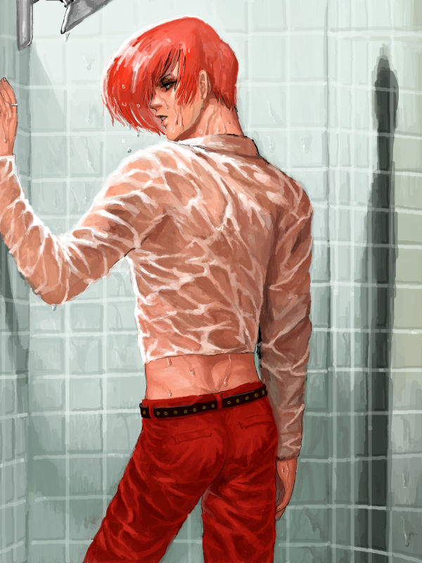 arm_support contrapposto from_behind jewelry looking_back male_focus pants red_eyes red_hair red_pants ring shirt shower_head standing tanaji_yuu the_king_of_fighters tile_wall tiles wet wet_clothes wet_hair wet_shirt yagami_iori