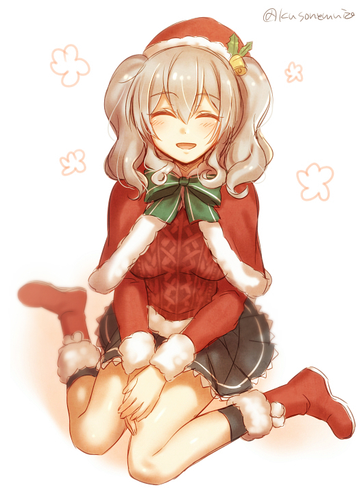 :d ^_^ ^o^ bell black_legwear black_skirt boots capelet closed_eyes eyebrows_visible_through_hair facing_viewer flower full_body full_moon fur-trimmed_boots fur-trimmed_sleeves fur_trim hair_bell hair_ornament happy hat holly kantai_collection kashima_(kantai_collection) knee_boots kneehighs long_hair long_sleeves medium_hair mika_(1020mk) miniskirt moon open_mouth own_hands_together pleated_skirt red_footwear red_hat red_sweater ribbed_sweater santa_hat silver_hair skirt smile solo sweater twintails twitter_username wardrobe_malfunction wavy_hair white_background