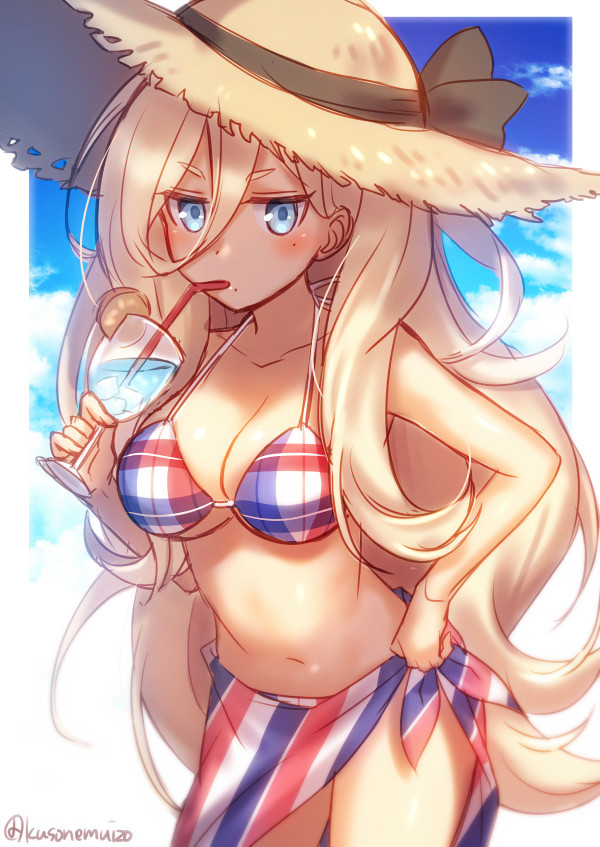 bare_arms bare_shoulders bikini black_ribbon blonde_hair blue_eyes blue_sky blush breasts cleavage cloud collarbone cowboy_shot cup day drink drinking drinking_glass drinking_straw food fruit hair_between_eyes hat hat_ribbon holding holding_cup ice ice_cube jitome kantai_collection long_hair looking_at_viewer medium_breasts mika_(1020mk) mole mole_under_eye mole_under_mouth multicolored multicolored_bikini multicolored_clothes navel orange orange_slice plaid plaid_bikini ribbon richelieu_(kantai_collection) sarong sipping sky solo standing stomach straw_hat sun_hat swimsuit thighs twitter_username