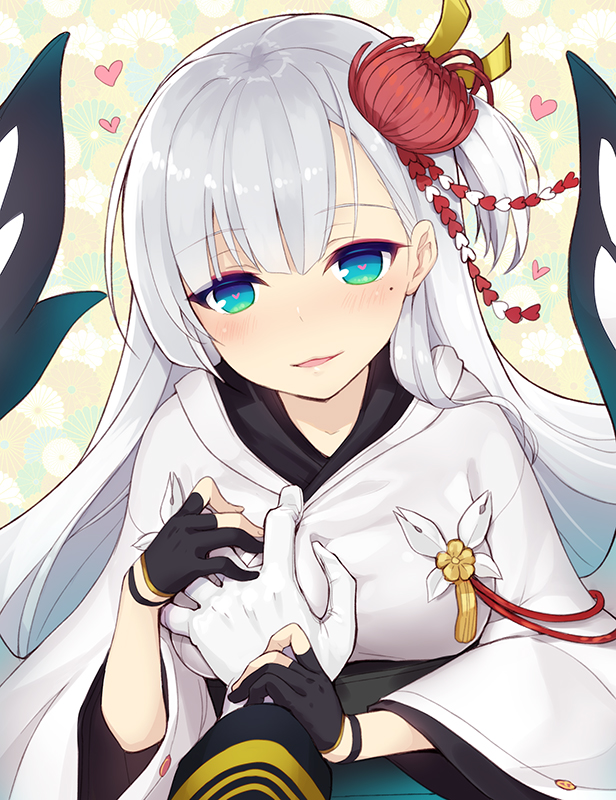 1girl azur_lane bangs black_gloves black_ribbon blue_eyes blush breast_grab commander_(azur_lane) commentary_request eyebrows_visible_through_hair eyeshadow floral_background flower gloves grabbing guided_breast_grab hair_ornament heart heart-shaped_pupils hetero holding_hands japanese_clothes kimono long_hair long_sleeves looking_at_viewer makeup minamura_haruki mole mole_under_eye one_side_up out_of_frame parted_lips partly_fingerless_gloves pov pov_hands red_ribbon ribbon shide shoukaku_(azur_lane) sleeve_cuffs smile solo_focus spoken_heart straight_hair symbol-shaped_pupils upper_body white_gloves white_hair white_kimono wide_sleeves wrist_grab wrist_ribbon