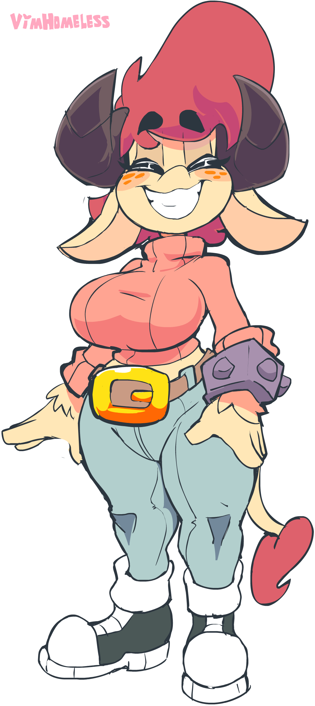 2017 alpha_channel anthro big_breasts bracelet breasts caprine clothed clothing eyes_closed female frances_sugarfoot full-length_portrait goat hair hi_res horn jeans jewelry mammal pants portrait red_hair simple_background smile solo thick_thighs transparent_background vimhomeless voluptuous wide_hips