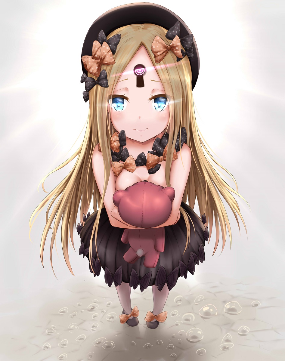 abigail_williams_(fate/grand_order) ashfair black_bow black_footwear black_hat black_skirt blonde_hair blue_eyes bow breasts bug butterfly eyes_visible_through_hair fate/grand_order fate_(series) forehead foreshortening full_body glowing hat highres holding holding_stuffed_animal insect keyhole long_hair looking_at_viewer object_hug orange_bow polka_dot polka_dot_bow skirt small_breasts solo standing stuffed_animal stuffed_toy teddy_bear topless very_long_hair white_legwear