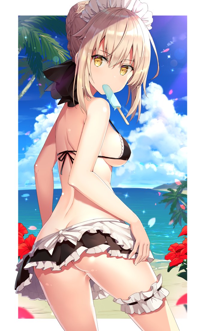 apron artoria_pendragon_(all) artoria_pendragon_(swimsuit_rider_alter) ass bangs bare_arms bare_back beach bikini black_bikini blonde_hair blue_sky braid breasts cloud contrapposto cowboy_shot day eating eyebrows_visible_through_hair fate/grand_order fate_(series) flower food french_braid frilled_bikini frilled_skirt frills from_behind hair_ribbon hibiscus horizon lace lace-trimmed_bikini lace_trim leg_garter lens_flare looking_at_viewer looking_back maid_headdress medium_breasts mouth_hold ocean outdoors palm_tree petals popsicle ribbon rin_yuu short_hair sideboob sidelocks signature skirt sky solo standing summer swimsuit tree water yellow_eyes