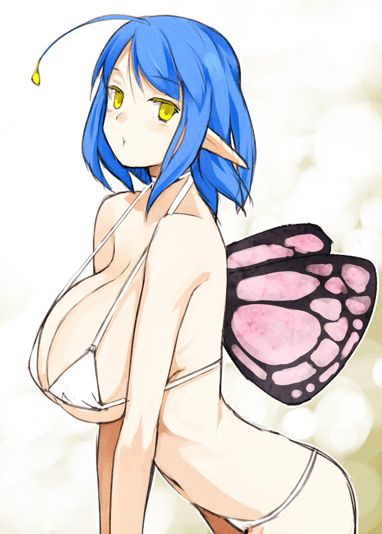 ahoge bare_arms bare_shoulders bikini blue_hair blush breast_press breasts cowboy_shot eyebrows_visible_through_hair fairy fairy_wings from_side halterneck huge_breasts leaning_forward looking_at_viewer navel original pen_(pen3) pointy_ears short_hair simple_background solo standing swimsuit white_bikini wings yellow_eyes