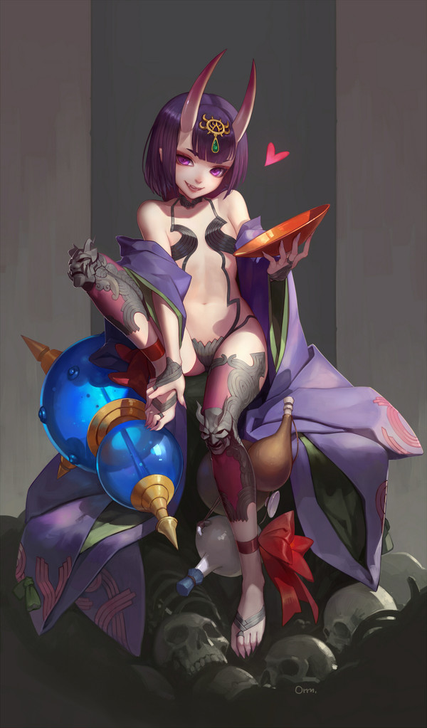 1girl ankle_ribbon artist_name bare_shoulders bottle fang fate/grand_order fate_(series) flat_chest full_body gourd hair_ornament holding horns kimono long_sleeves navel oni oni_horns open_clothes open_kimono open_mouth orm_(user_mufz8783) purple_eyes purple_hair revealing_clothes sakazuki sharp_nails short_hair shuten_douji_(fate/grand_order) sitting skull solo stomach teeth thighhighs toes wide_sleeves