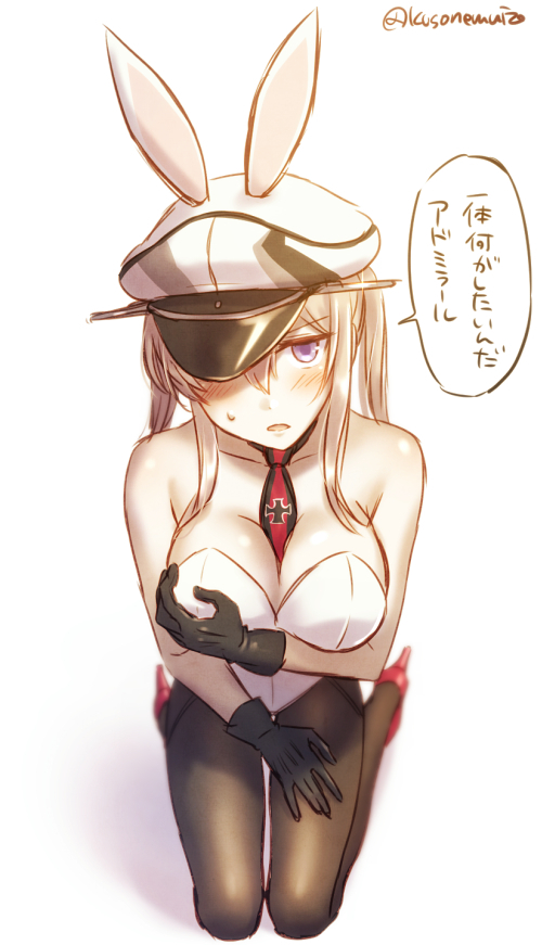 adapted_costume animal_ears between_breasts black_gloves black_legwear blonde_hair blurry blush breasts bunny_ears bunnysuit cleavage collarbone depth_of_field embarrassed fake_animal_ears full_body gloves graf_zeppelin_(kantai_collection) hair_over_one_eye hat high_heels iron_cross jitome kantai_collection kneeling large_breasts leotard long_hair looking_at_viewer mika_(1020mk) necktie necktie_between_breasts open_mouth pantyhose peaked_cap purple_eyes red_footwear sidelocks simple_background solo speech_bubble strapless strapless_leotard sweat translation_request twintails twitter_username white_background white_hat white_leotard