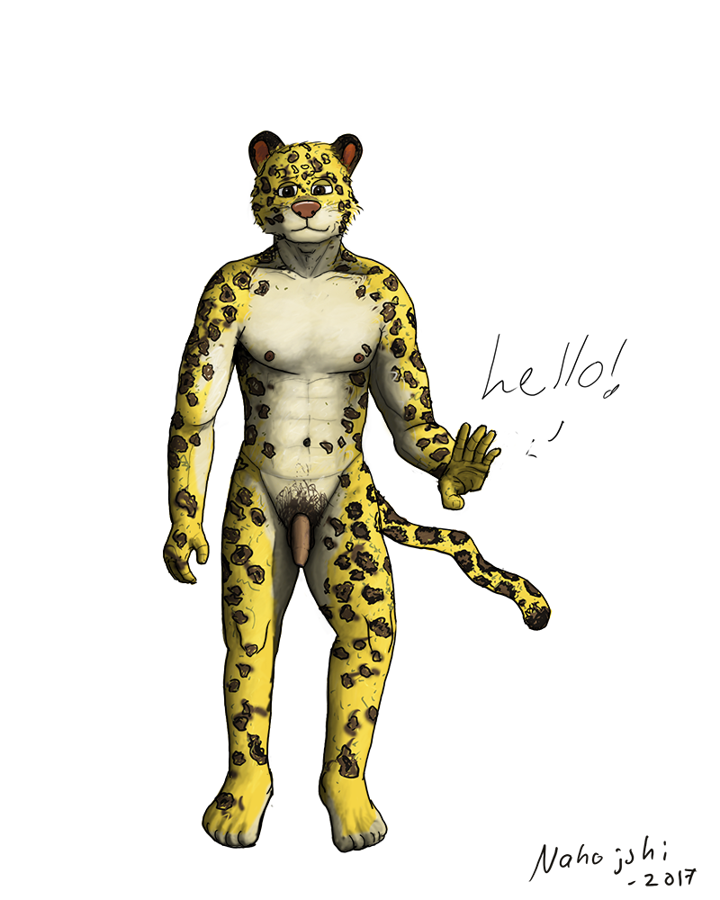 2017 abs anthro balls clothed clothing creative_commons_3.0_(copyright) digital_media_(artwork) feline flaccid fur jaguar male mammal muscular nahojshi_(artist) nipples nude pecs penis smile solo standing topless uncut unfinished waving