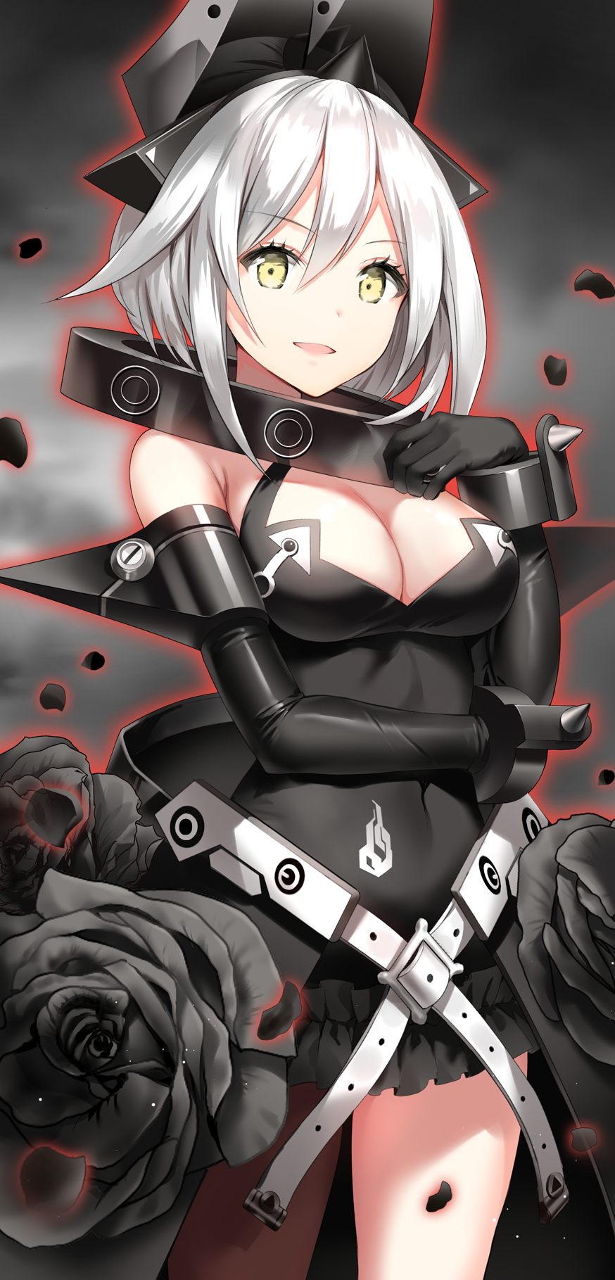 bangs black_dress black_gloves breasts collar covered_navel cowboy_shot dress elbow_gloves elphelt_valentine girls_frontline gloves grey_hair guilty_gear guilty_gear_xrd hair_between_eyes hand_up highres looking_at_viewer marmoset_(marmoset0) medium_breasts open_mouth sangvis_ferri short_dress short_hair short_hair_with_long_locks silver_hair smile solo spoilers yellow_eyes