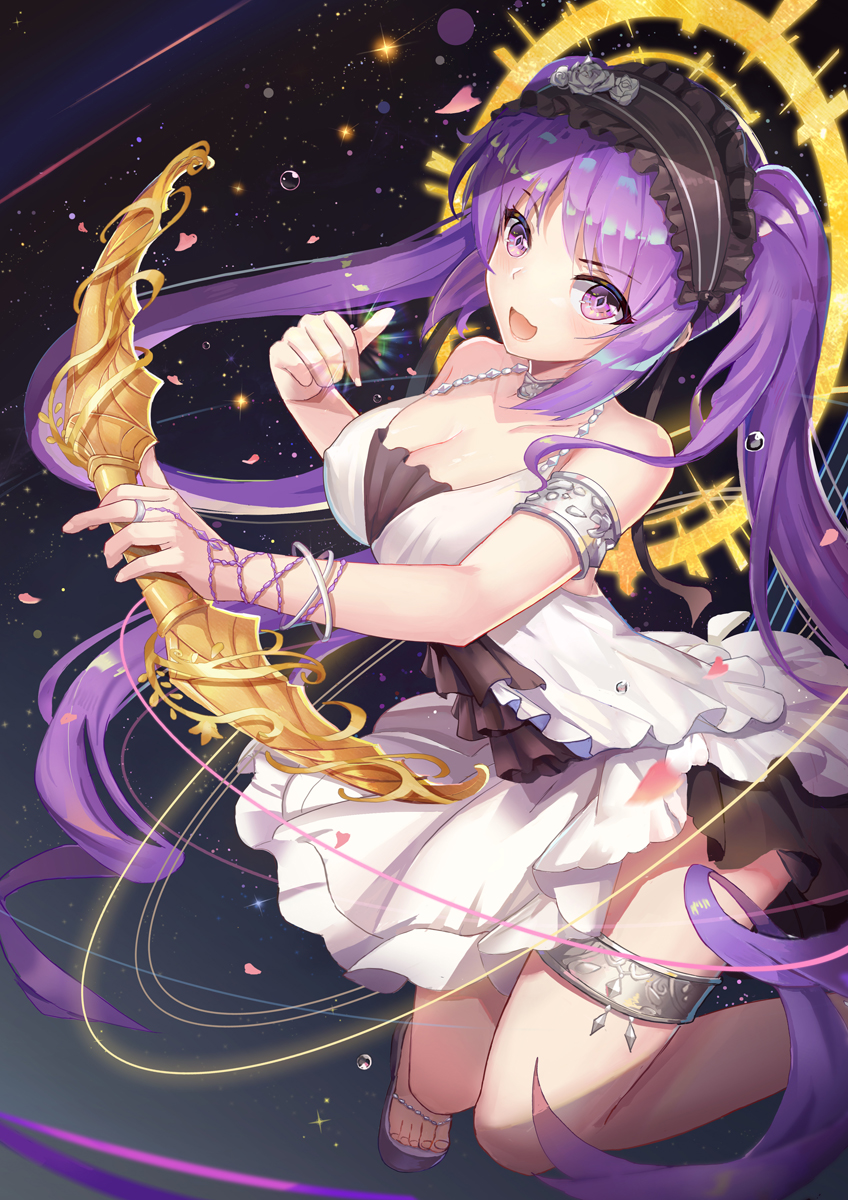 alternate_breast_size blush bow_(weapon) bracelet breasts cleavage collarbone covered_nipples dress euryale fate/grand_order fate_(series) hairband halo highres jewelry l.bou lolita_hairband long_hair looking_at_viewer medium_breasts open_mouth petals purple_eyes purple_hair revision sandals sleeveless sleeveless_dress solo star thigh_strap traditional_media twintails very_long_hair watercolor_(medium) weapon white_dress