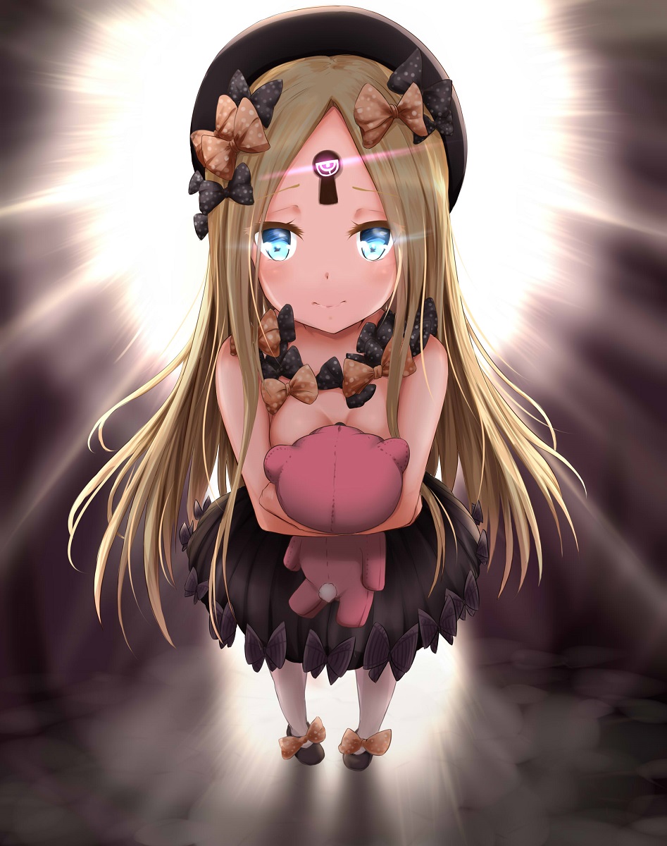 abigail_williams_(fate/grand_order) ashfair backlighting black_bow black_footwear black_hat black_skirt blonde_hair blue_eyes bow breasts bug butterfly eyes_visible_through_hair fate/grand_order fate_(series) forehead foreshortening full_body glowing halo hat highres holding holding_stuffed_animal insect keyhole long_hair looking_at_viewer object_hug orange_bow polka_dot polka_dot_bow skirt small_breasts solo standing stuffed_animal stuffed_toy teddy_bear topless very_long_hair white_legwear
