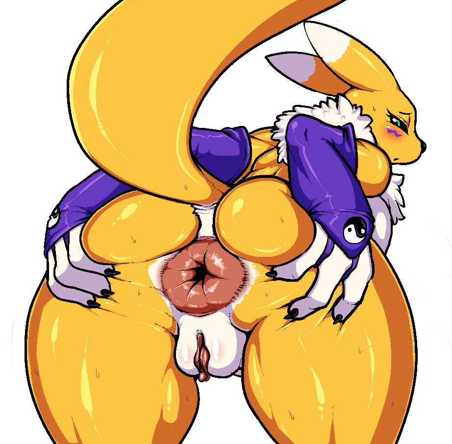 3_fingers anus armwear big_anus black_nose black_sclera blush bridal_gauntlets butt canine clitoris clothing digimon dipstick_ears female fur green_eyes hand_on_butt lollipopcon looking_at_viewer looking_back mammal pink_anus puffy_anus pussy raised_tail renamon spread_butt spreading thick_thighs white_fur wide_hips yellow_fur