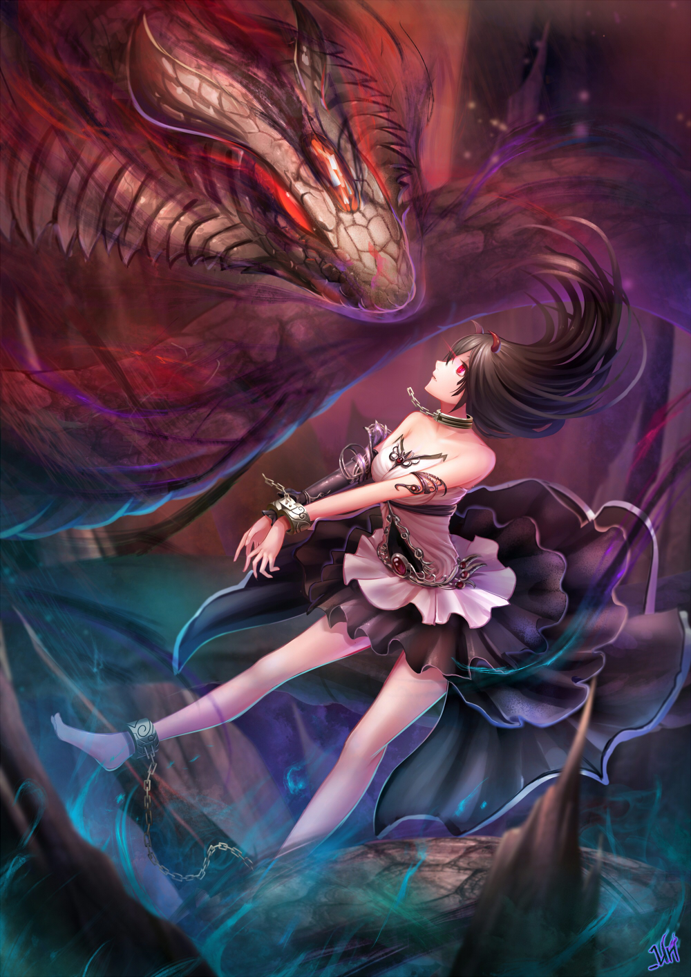 animal ankle_cuffs armlet bare_shoulders black_hair chain collar commentary_request cuffs dress eye_contact fantasy floating highres horns jurrig layered_dress long_hair looking_at_another metal_collar original oversized_animal red_eyes signature snake solo white_dress