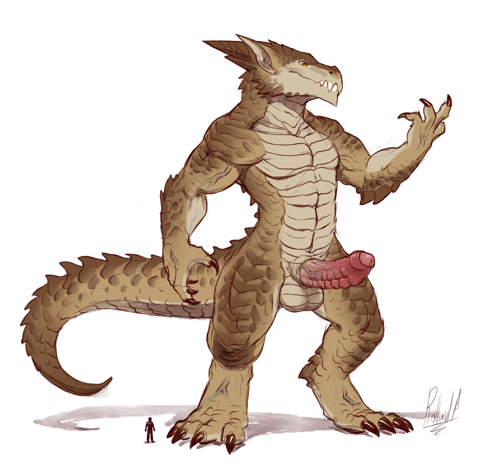 2017 anthro balls big_penis brown_scales brutus_(pyronite) claws dragon erection flexing horn human invalid_tag macro male mammal muscular muscular_male penis rollwulf scales simple_background size_difference standing vein