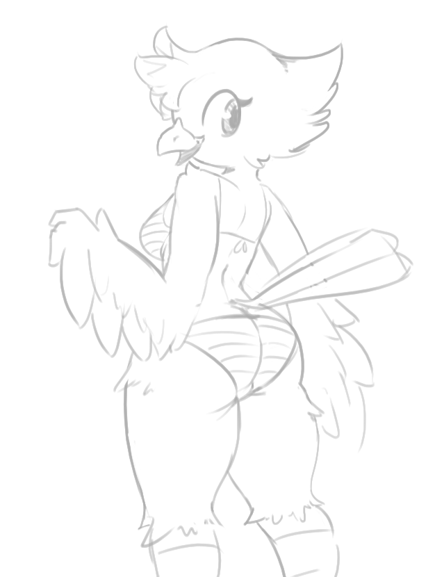 anthro avian beak bikini bird breasts butt clothed clothing female looking_at_viewer looking_back monochrome open_mouth smile solo somnamg standing swimsuit
