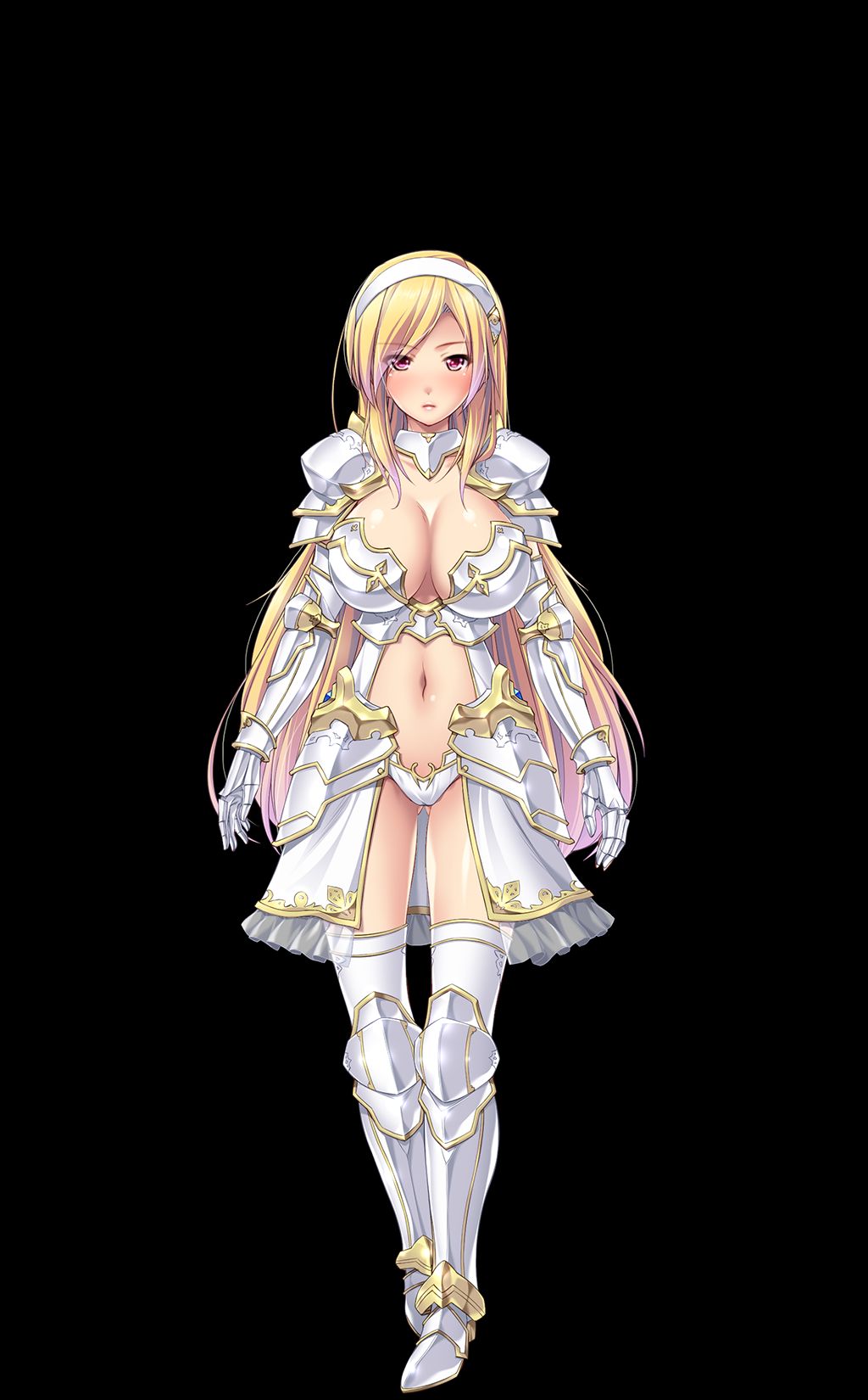 armor bikini_armor black_background blonde_hair boobplate boots breastplate breasts closed_mouth dieselmine expressionless eyebrows_visible_through_hair eyes_visible_through_hair full_body gloves hairband highres knee_boots large_breasts leticia_(onna_kishi_leticia) long_hair looking_at_viewer metal_boots navel official_art onna_kishi_leticia panties red_eyes shiny shiny_skin simple_background solo standing thighhighs underwear white_hairband white_legwear white_panties