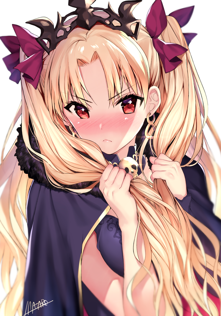 artist_name black_cape blonde_hair blurry blush cape closed_mouth commentary_request depth_of_field detached_collar detached_sleeves earrings embarrassed ereshkigal_(fate/grand_order) eyebrows_visible_through_hair fate/grand_order fate_(series) fur_trim glint hair_ribbon holding holding_hair infinity jewelry long_hair long_sleeves looking_at_viewer matarou_(genkai_toppa) nose_blush purple_ribbon red_eyes ribbon signature simple_background single_sleeve skull solo tiara two_side_up upper_body v-shaped_eyebrows white_background