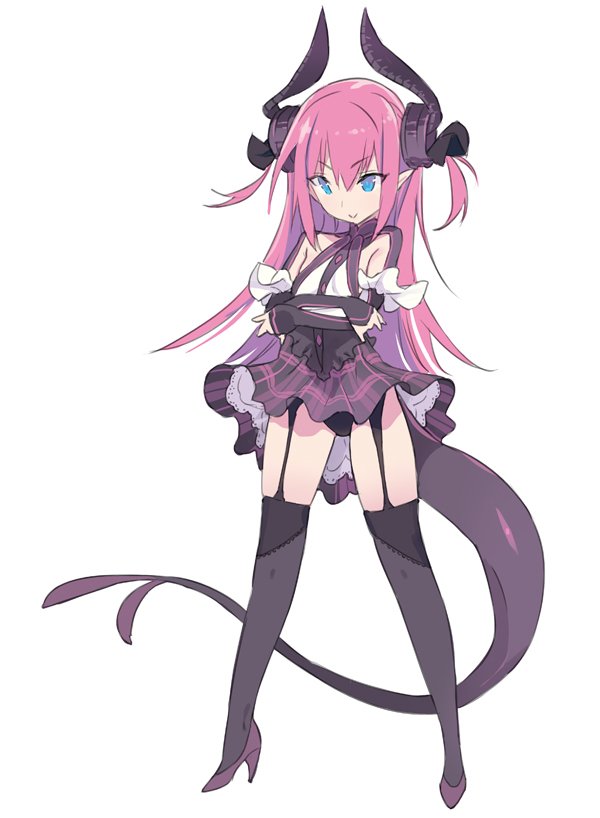 asymmetrical_horns bangs black_dress black_legwear black_panties black_ribbon blade_(galaxist) blue_eyes closed_mouth commentary_request crossed_arms dragon_horns dragon_tail dress elizabeth_bathory_(fate) elizabeth_bathory_(fate)_(all) eyebrows_visible_through_hair fate/extra fate/extra_ccc fate_(series) full_body garter_straps hair_between_eyes hair_ribbon high_heels horns long_hair panties pink_hair pointy_ears purple_footwear ribbon simple_background smile solo standing tail two_side_up underwear very_long_hair white_background