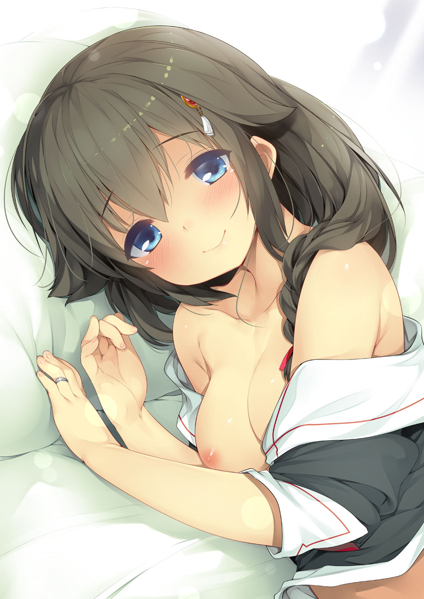 bare_shoulders black_serafuku blue_eyes blush braid breasts brown_hair closed_mouth collarbone commentary_request eyebrows_visible_through_hair fujisaki_hikari hair_flaps hair_ornament hair_ribbon highres jewelry kantai_collection long_hair looking_at_viewer lying medium_breasts nipples on_bed on_side one_breast_out pillow red_ribbon remodel_(kantai_collection) ribbon ring school_uniform serafuku shigure_(kantai_collection) shirt_pull single_braid smile solo wedding_band