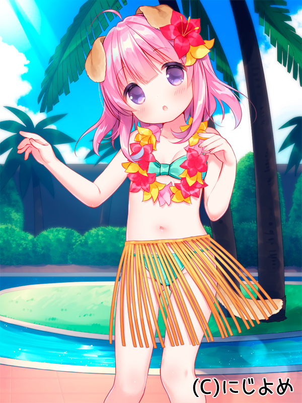 :o animal_ears aqua_bikini bangs bare_arms bare_shoulders bikini blue_sky blush breasts cloud commentary_request day dog_ears dog_girl dog_tail eyebrows_visible_through_hair fingernails flower flower_wreath grass_skirt hair_between_eyes hair_flower hair_ornament head_tilt hibiscus lei long_hair looking_at_viewer official_art outdoors palm_tree parted_lips pink_hair purple_eyes sky small_breasts solo standing sunlight swimsuit tail tree usashiro_mani valhalla_valkyries