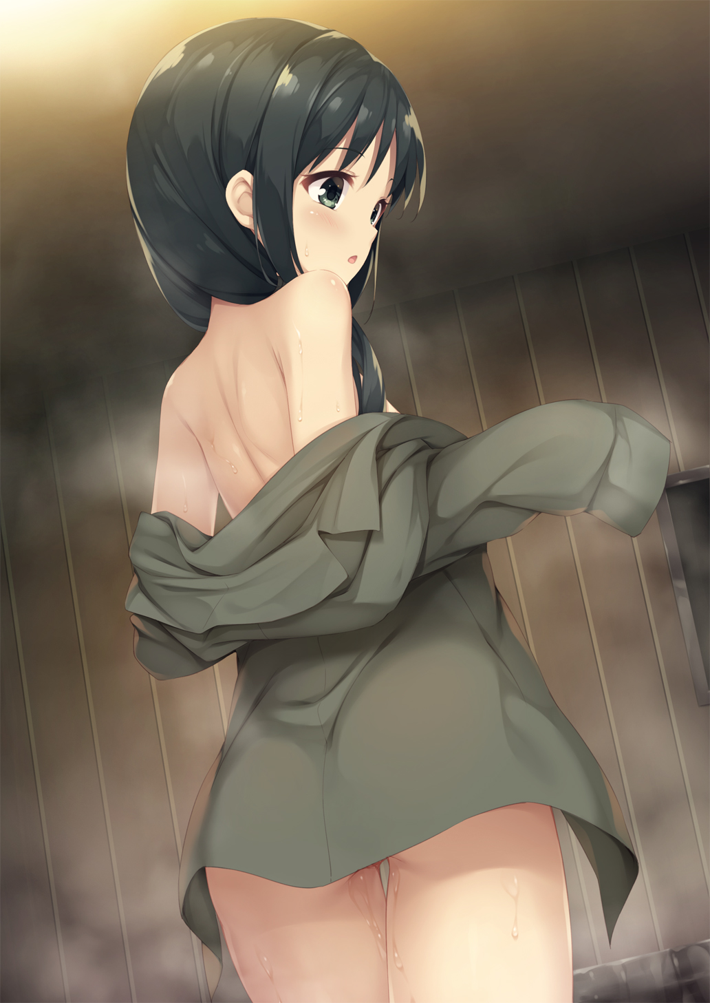 bangs bare_shoulders black_hair blush chito_(shoujo_shuumatsu_ryokou) commentary_request dutch_angle eyebrows_visible_through_hair from_behind green_eyes green_jacket highres indoors jacket long_hair long_sleeves looking_away looking_to_the_side off_shoulder parted_lips shoujo_shuumatsu_ryokou shoulder_blades sleeves_past_wrists solo tomifumi undressing wet