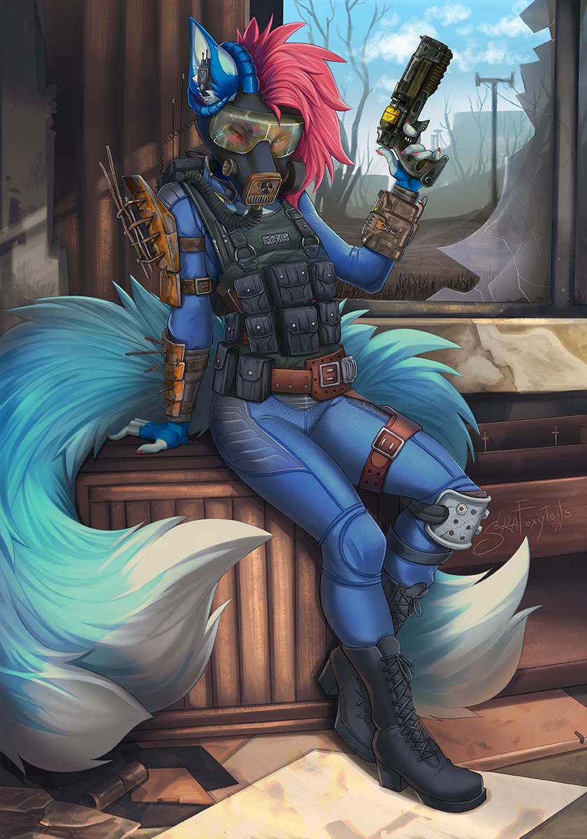 2017 5_fingers anthro armor blue_fur canine clothed clothing curved_horn day demon detailed_background digital_media_(artwork) fallout female fox fur gun hair holding_object holding_weapon horn inside mammal mask pink_hair ranged_weapon sky solo sora_(sorafoxyteils) sorafoxyteils video_games weapon