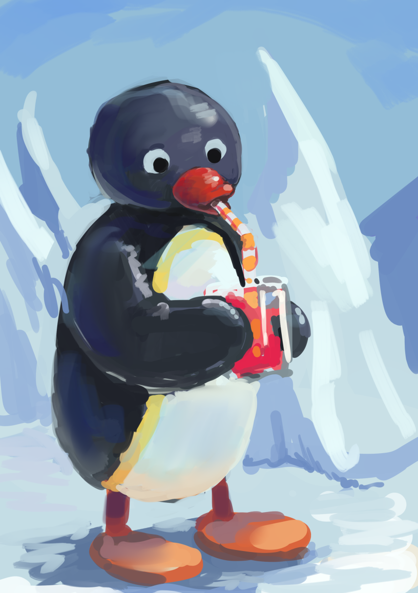 chanta_(ayatakaoisii) drinking_straw full_body holding ice looking_down no_humans penguin pingu pingu_(series) sipping solo standing