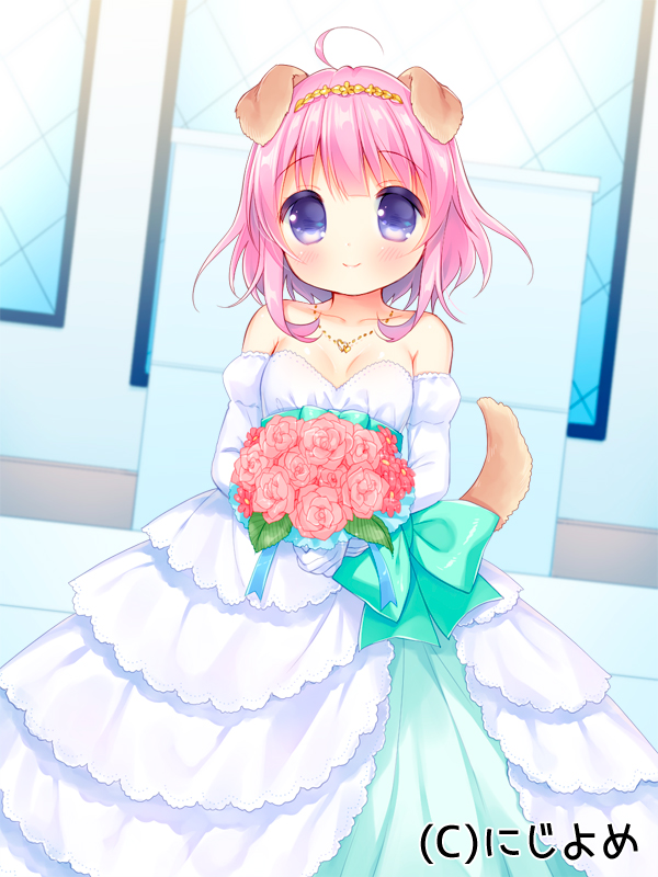 ahoge animal_ears aqua_bow bangs bare_shoulders blush bouquet bow closed_mouth collarbone day dog_ears dog_girl dog_tail dress eyebrows_visible_through_hair flower hair_between_eyes holding holding_bouquet looking_at_viewer off-shoulder_dress off_shoulder official_art outdoors pink_hair purple_eyes smile solo sunlight tail usashiro_mani valhalla_valkyries wedding_dress white_dress