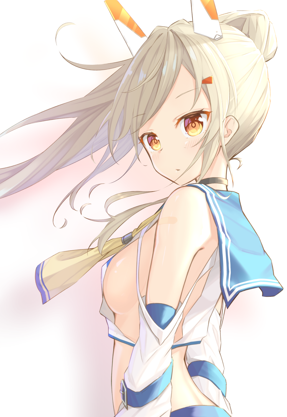 ayanami_(azur_lane) azur_lane bangs blonde_hair blouse blush breasts commentary crop_top eyebrows_visible_through_hair floating_hair from_side habu. headgear highres long_hair long_sleeves looking_back medium_breasts parted_lips ponytail sailor_collar shoulder_cutout sideboob sidelocks solo swept_bangs upper_body white_blouse yellow_eyes