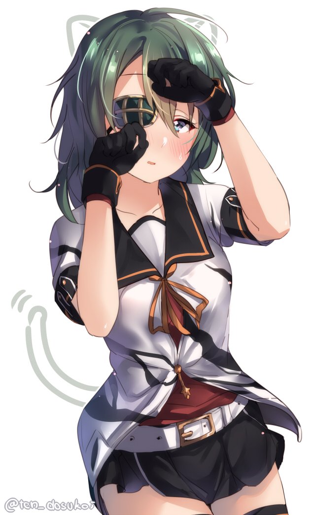 animal_ears black_gloves black_sailor_collar black_skirt cat_ears cat_tail commentary_request cosplay cowboy_shot eyepatch gloves green_eyes green_hair juurouta kantai_collection kiso_(kantai_collection) looking_at_viewer pleated_skirt remodel_(kantai_collection) sailor_collar school_uniform serafuku short_hair simple_background skirt solo standing tail tama_(kantai_collection) tama_(kantai_collection)_(cosplay) twitter_username white_background