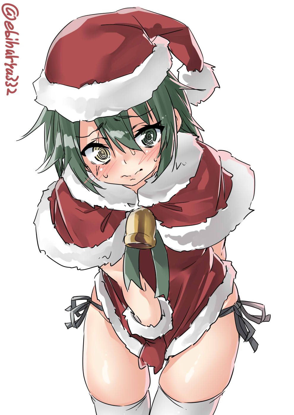 @_@ arm_behind_back bangs bell black_panties blush capelet closed_mouth clothes_tug covering covering_crotch cowboy_shot ebifurya eyebrows_visible_through_hair gloves green_hair hair_between_eyes hat heterochromia highres kantai_collection kiso_(kantai_collection) looking_at_viewer no_pants panties red_capelet red_gloves santa_costume scar scar_across_eye short_hair side-tie_panties simple_background solo sweat thigh_gap thighhighs twitter_username underwear white_background white_legwear