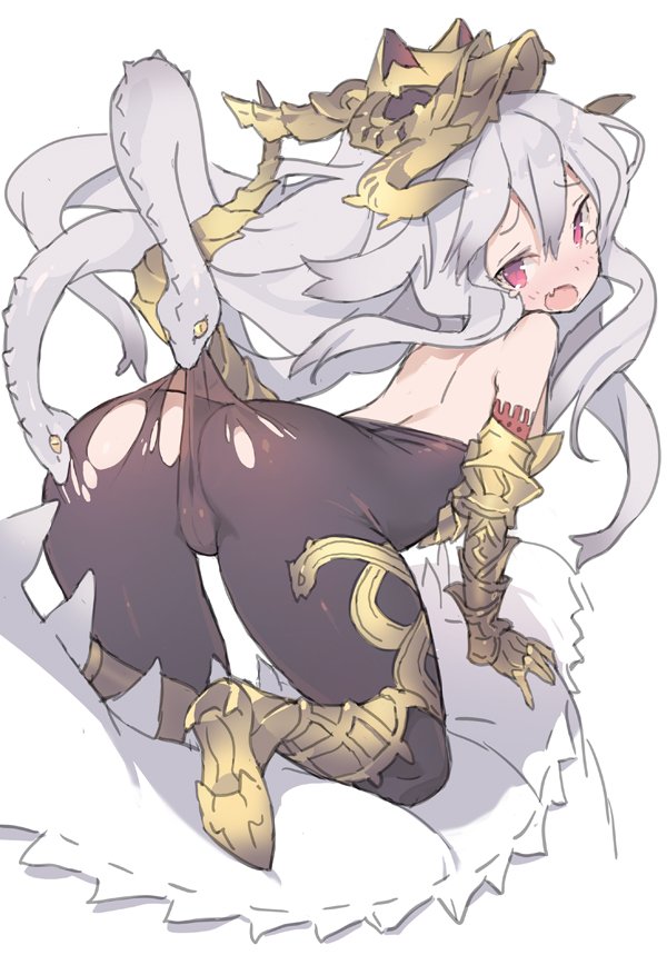 all_fours ass bare_shoulders black_bodysuit blade_(galaxist) blush bodysuit boots commentary_request d: eyebrows_visible_through_hair fang from_behind gauntlets gorgon granblue_fantasy hair_between_eyes long_hair looking_at_viewer looking_back medusa_(shingeki_no_bahamut) open_mouth panties red_eyes shingeki_no_bahamut silver_hair simple_background snake_hair solo tail tail_raised tears torn_bodysuit torn_clothes underwear very_long_hair white_background