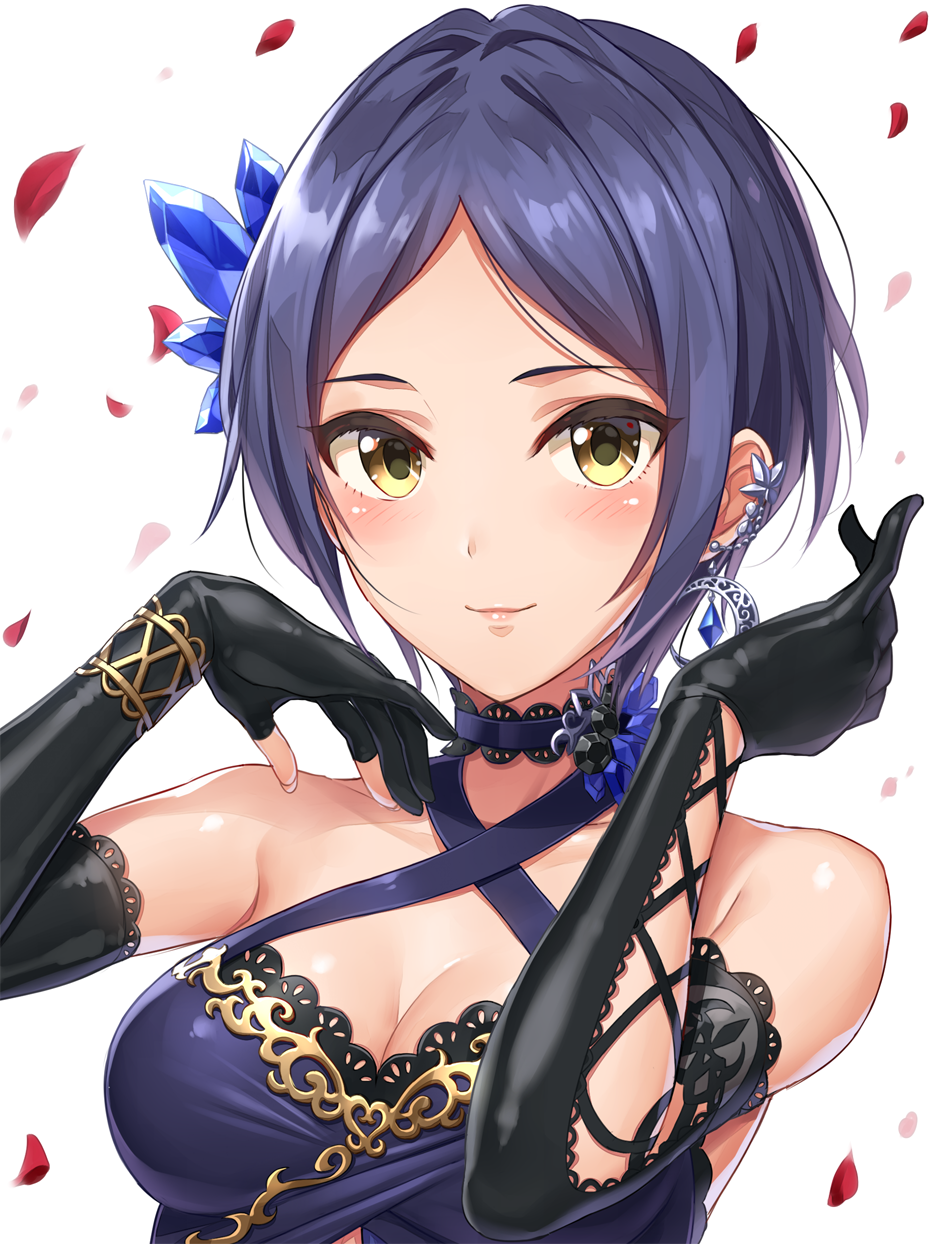bad_id bad_pixiv_id bangs bare_shoulders black_gloves blue_dress blue_hair blush bracelet breasts choker cleavage commentary_request criss-cross_halter dress earrings elbow_gloves gloves hair_ornament halterneck hands_up hayami_kanade highres idolmaster idolmaster_cinderella_girls idolmaster_cinderella_girls_starlight_stage jewelry lace lace-trimmed_dress lace-trimmed_gloves looking_at_viewer medium_breasts parted_bangs petals rose_petals short_hair simple_background smile solo white_background yellow_eyes yuuhi_(ages)