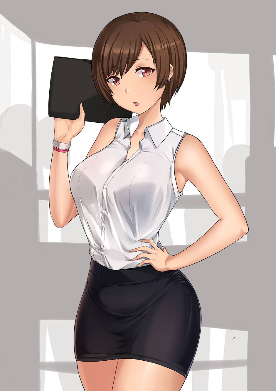 aori_sora bare_shoulders blouse borrowed_character breasts brown_eyes brown_hair buttons collared_shirt commentary earrings eyebrows_visible_through_hair hand_on_hip hand_up highres holding jewelry large_breasts legs_together looking_at_viewer office_lady ol-chan_(norman_maggot) open_mouth original pencil_skirt shirt shirt_tucked_in short_hair simple_background skirt sleeveless_blouse solo standing unfinished_background white_blouse