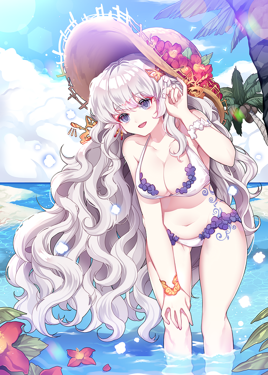 :d beach bikini blue_sky bracelet breasts cloud day flower hair_ornament hand_on_own_knee hand_up harin_0 hat hat_flower jewelry large_breasts leaning_forward long_hair navel open_mouth outdoors palm_tree pinky_out purple_eyes qurare_magic_library silver_hair sky smile straw_hat sun_hat swimsuit tree very_long_hair wading wavy_hair white_bikini wristband