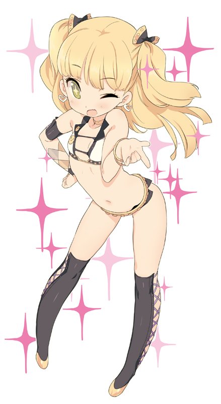 1girl :d armband bangs bare_shoulders black_legwear blade_(galaxist) blonde_hair bow bracelet commentary_request earrings flat_chest full_body hair_bow hand_on_hip heart heart_earrings idolmaster idolmaster_cinderella_girls jewelry jougasaki_rika kneehighs long_hair navel one_eye_closed open_mouth panties pointing pointing_at_viewer shoes smile solo sparkle standing two_side_up underwear yellow_footwear
