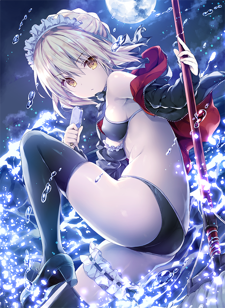 artoria_pendragon_(all) artoria_pendragon_(swimsuit_rider_alter) ass bangs banned_artist bikini black_bikini black_legwear blonde_hair breasts closed_mouth commentary_request eyebrows_visible_through_hair fate/grand_order fate_(series) food from_side full_moon hair_between_eyes hood hoodie knee_up konomi_(kino_konomi) leg_garter looking_at_viewer maid_headdress moon mop night open_clothes open_hoodie popsicle sidelocks small_breasts solo swimsuit thighhighs water_drop yellow_eyes
