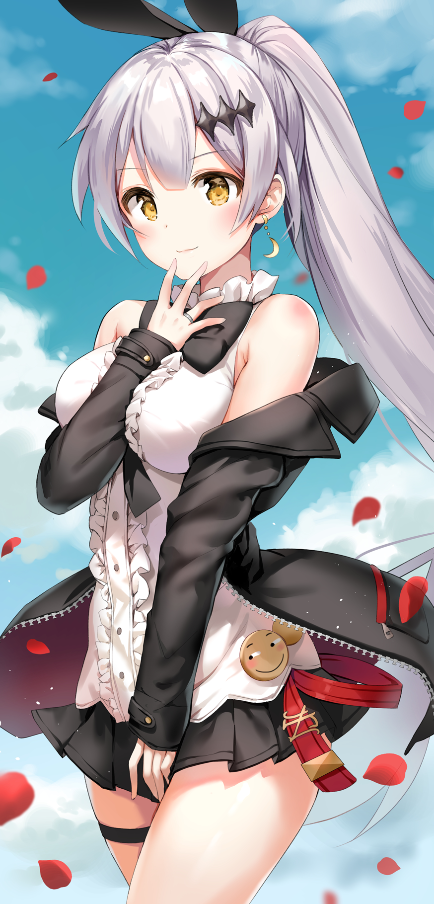 bangs bare_shoulders belt between_breasts between_legs black_bow black_jacket black_ribbon black_skirt blue_sky blush bow breasts closed_mouth cloud cowboy_shot crescent crescent_earrings day earrings eyebrows_visible_through_hair five-seven_(girls_frontline) girls_frontline hair_between_eyes hair_ornament hair_ribbon hand_between_legs hand_on_own_chin high_ponytail highres jacket jewelry large_breasts long_hair long_sleeves looking_at_viewer marmoset_(marmoset0) off_shoulder open_clothes open_jacket pleated_skirt ponytail ribbon shirt skirt sky sleeveless sleeveless_shirt smile solo thigh_strap very_long_hair white_shirt wind yellow_eyes