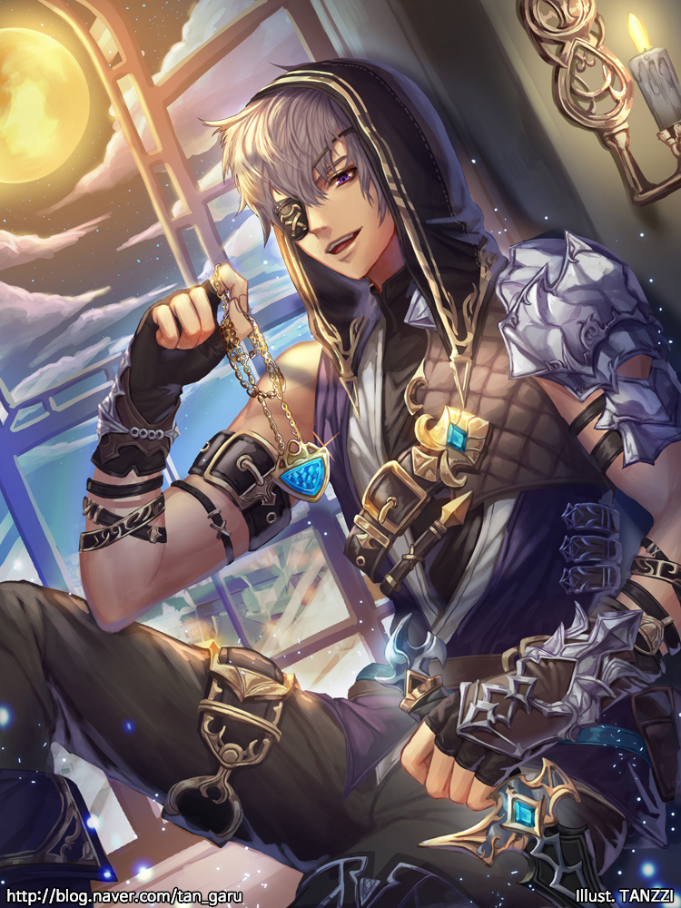 arm_belt artist_name belt bracer brown_pants candle dagger dutch_angle eyepatch fingerless_gloves gloves hood indoors jewelry looking_at_viewer male_focus moon necklace open_mouth original pants purple_eyes silver_hair sitting tanzzi watermark weapon web_address window