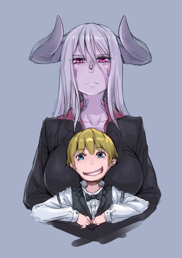 1girl :d black_jacket black_neckwear black_vest blonde_hair blue_background bow bowtie breasts closed_mouth commentary_request dragon_horns grin hair_between_eyes horns jacket large_breasts long_sleeves looking_at_viewer nukomasu open_mouth original pink_eyes purple_skin scales shirt silver_hair simple_background slit_pupils smile vest white_shirt