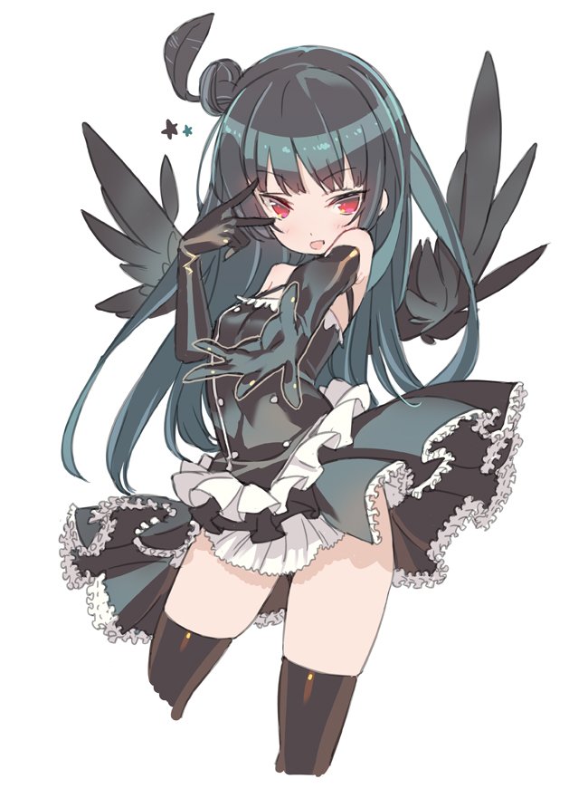 :d bangs bare_shoulders black_dress black_gloves black_hair black_wings blade_(galaxist) blush commentary_request cropped_legs dress elbow_gloves eyebrows_visible_through_hair gloves gothic_lolita hair_bun lolita_fashion looking_at_viewer love_live! love_live!_sunshine!! open_mouth red_eyes simple_background smile solo standing thighhighs tsushima_yoshiko white_background wings