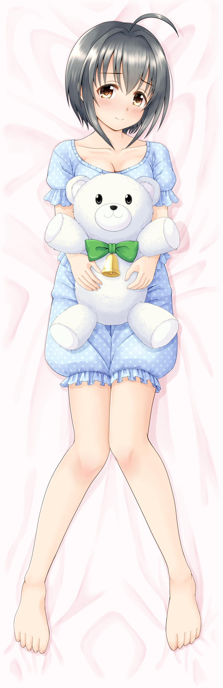 absurdres ahoge bangs barefoot bed_sheet bell black_hair blouse blue_blouse blue_pajamas blue_shorts blush bow breasts brown_eyes cleavage closed_mouth collarbone commentary_request dakimakura eyebrows_visible_through_hair fingernails full_body green_bow hair_between_eyes highres idolmaster idolmaster_cinderella_girls kohinata_miho looking_at_viewer lying medium_breasts on_back pajamas polka_dot polka_dot_blouse polka_dot_pajamas polka_dot_shorts puffy_shorts regular_mow short_hair short_sleeves shorts smile solo stuffed_animal stuffed_toy teddy_bear toenails