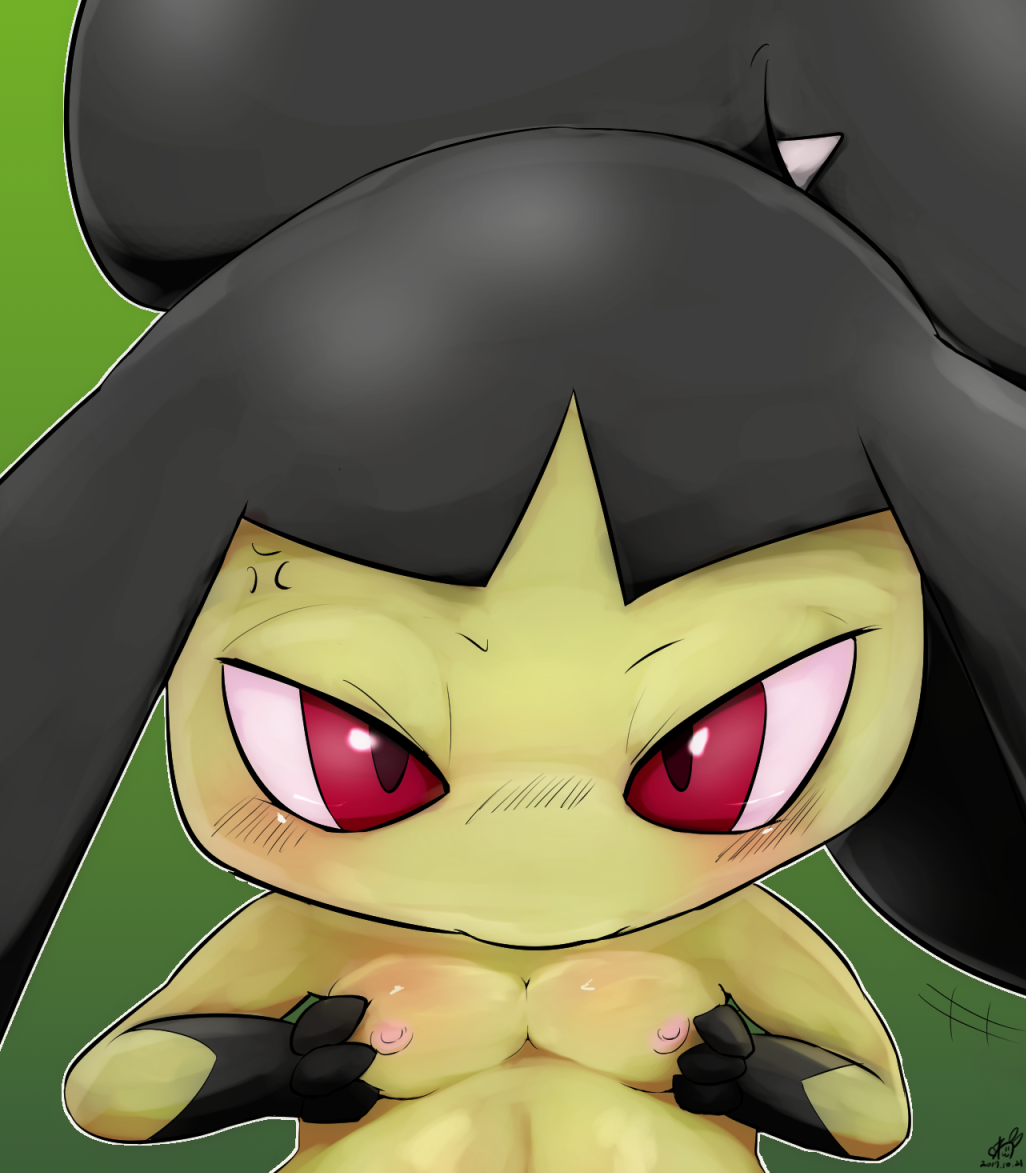 1girl 2017 anger_vein angry blush breast_hold breast_squeeze breasts cottontail dated embarrassed female gradient gradient_background green_background half-closed_eyes hands_up looking_at_viewer mawile nipples no_humans nude pokemon pokemon_(creature) pokemon_rse red_eyes signature simple_background small_breasts solo text upper_body watermark